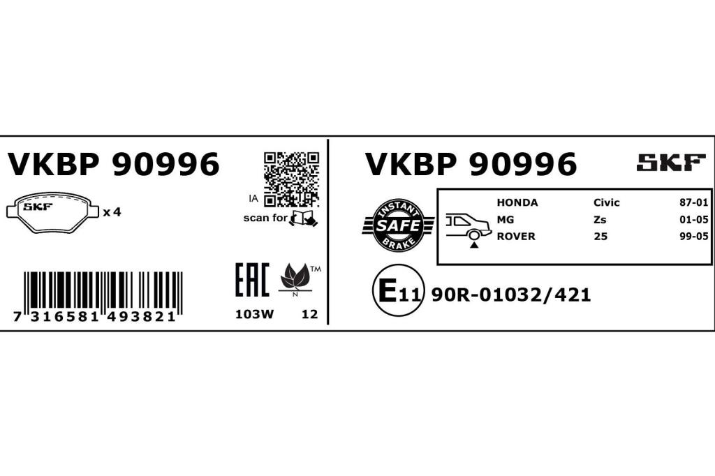 Jogo de 4 pastilhas de travão SKF ref. VKBP 90996